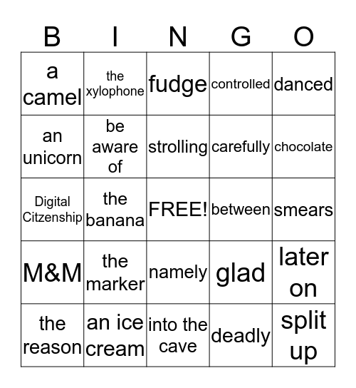 English Grammar Bingo Card