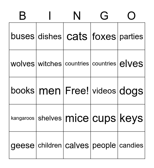 Plural Nouns Bingo Card