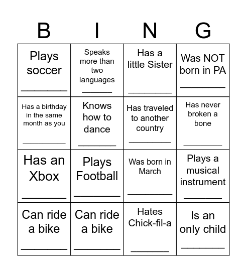YOUTH HUMAN BINGO Card