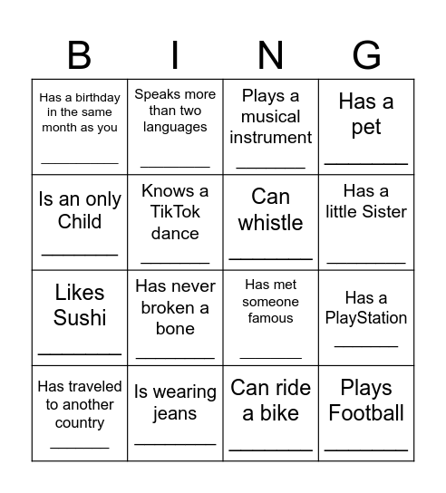 YOUTH HUMAN BINGO Card