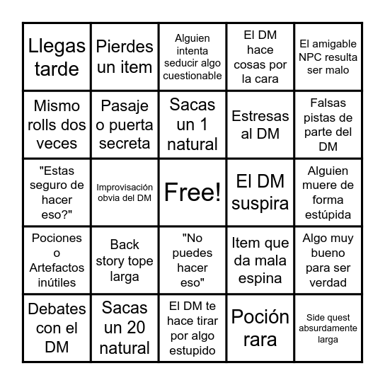 D&D Player Bingo Card