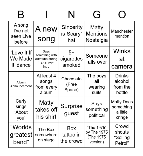 The 1975 Headline Glastonbury Bingo Card