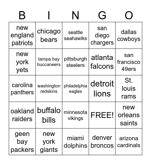 NFL Bingo Card