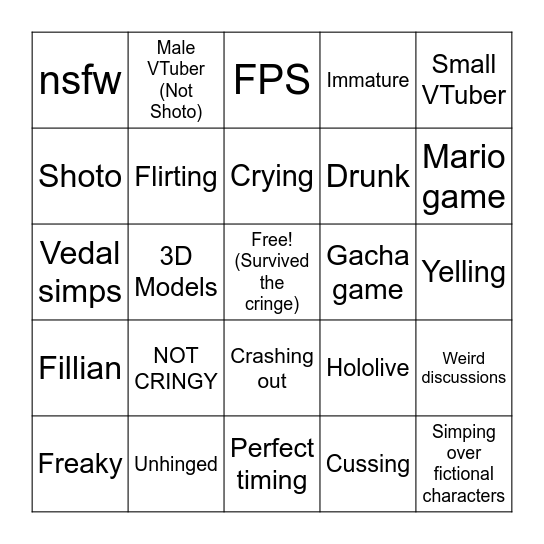 VTuber Cringe Bingo Card