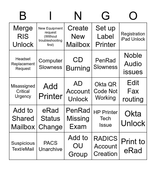 Service Desk Bingo Card