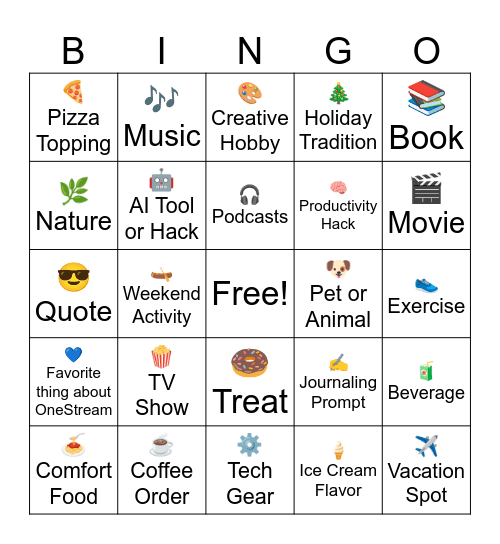 Favorite Things Bingo Card