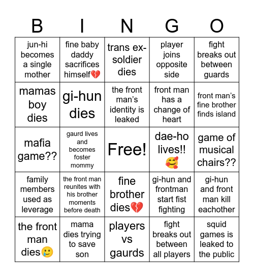 squid games bingo Card