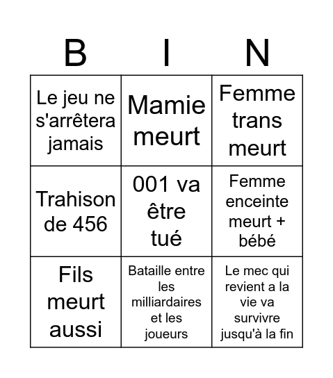 SQUID GAME Bingo Card