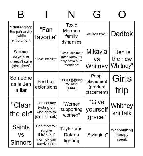Secret Lives of Mormon Wives Bingo Card