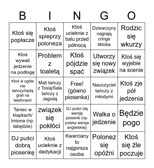 Bal ósmoklasisty Bingo Card