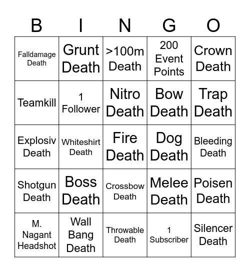 Hunt Death Bingo Card