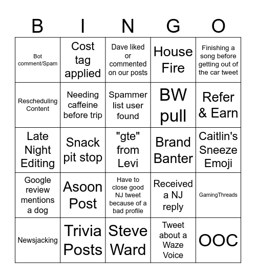 SocialX Bingo Card