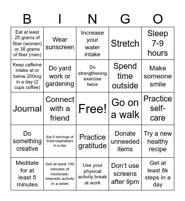 Healthy Habits - Week 2 Bingo Card