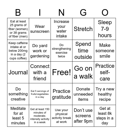 Healthy Habits - Week 2 Bingo Card