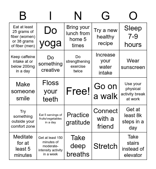 Healthy Habits - Week 3 Bingo Card