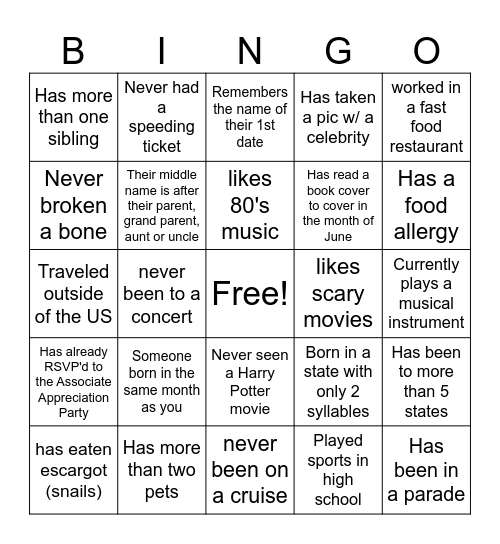Find Me Bingo Card