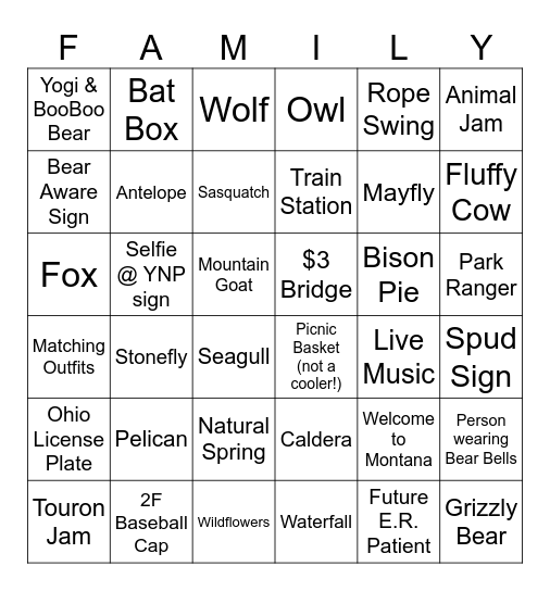 Yellowstone / Island Park BINGO Card