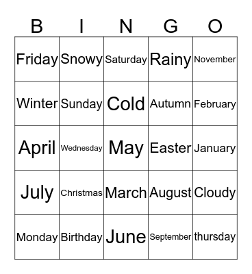 Engelse Bingo Card
