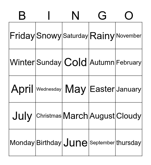 Engelse Bingo Card