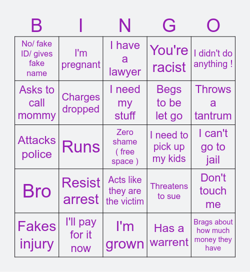 Shoplifting Bingo Card