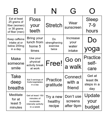 Healthy Habits - Week 4 Bingo Card