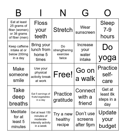 Healthy Habits - Week 4 Bingo Card