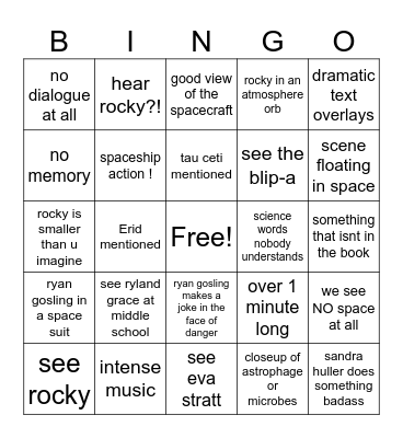 Project Hail Mary Bingo Card