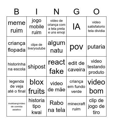 utube shóts Bingo Card