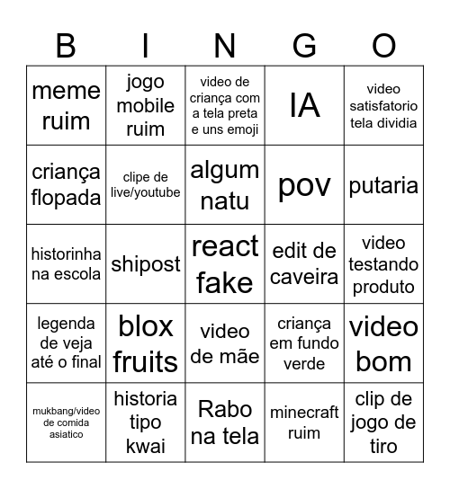 utube shóts Bingo Card