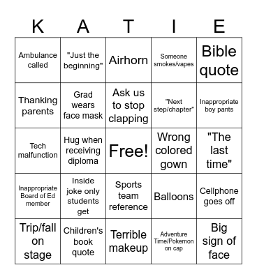Katie's 2025 Graduation Bingo Card
