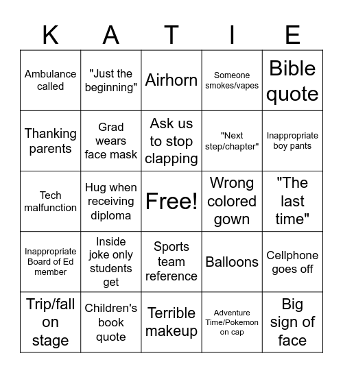 Katie's 2025 Graduation Bingo Card