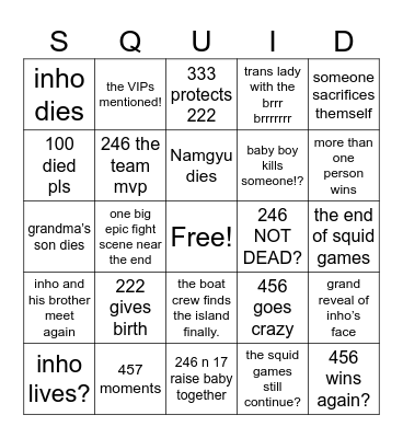 Squid Games S5 Bingo Card