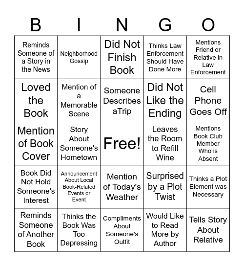 Overheard or Seen at Book Club Bingo Card