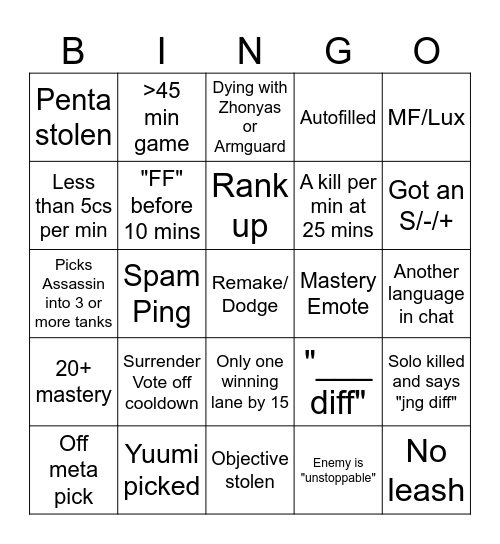 Ranked LoL Bingo Card