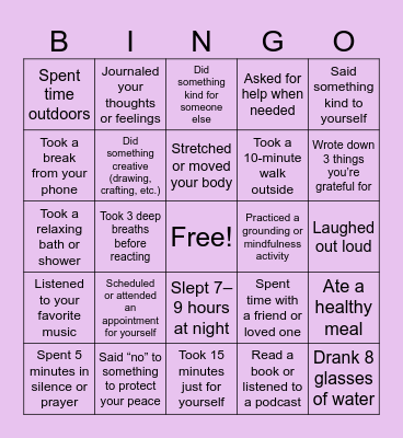 Self Care Bingo Card