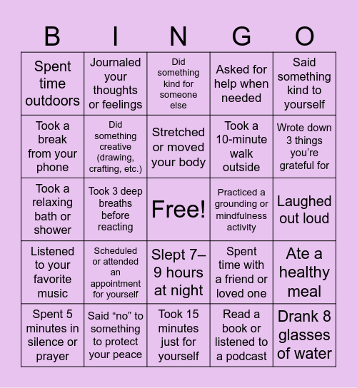 Self Care Bingo Card