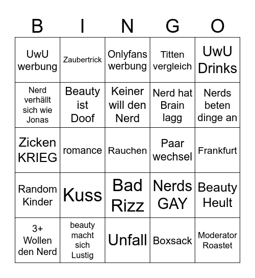 Beauty and the Nerd Bingo Card