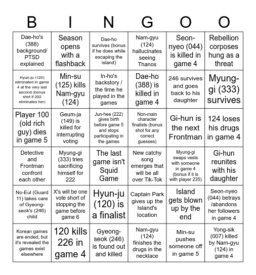 Squid Game Bingo Card