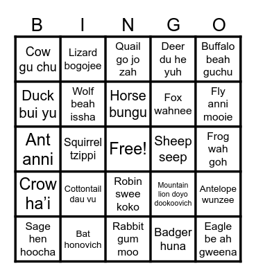 Shoshone Animals Bingo Card