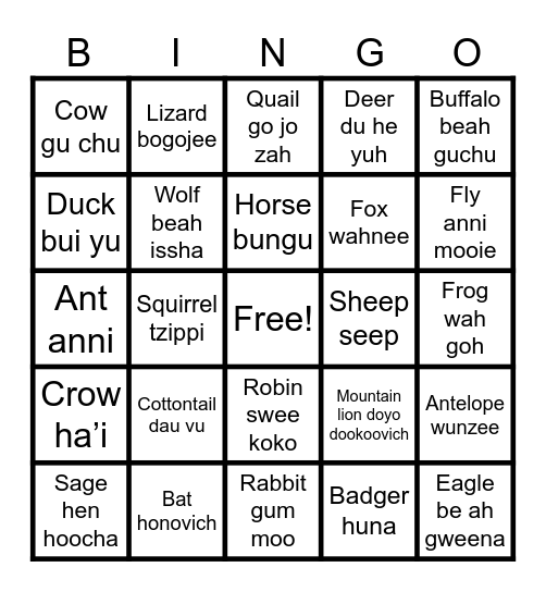 Shoshone Animals Bingo Card