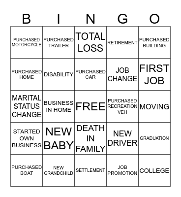 Life Events Bingo Card