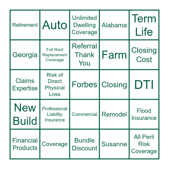 Bret's Country Financial Bingo Card
