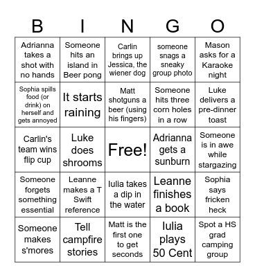 Mason's Camping Bingo Card Bingo Card