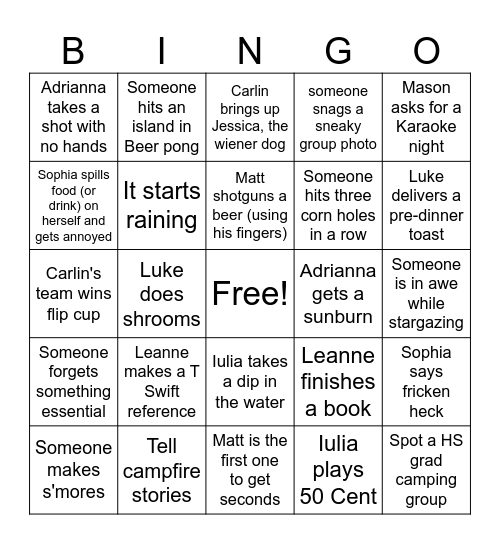 Mason's Camping Bingo Card Bingo Card
