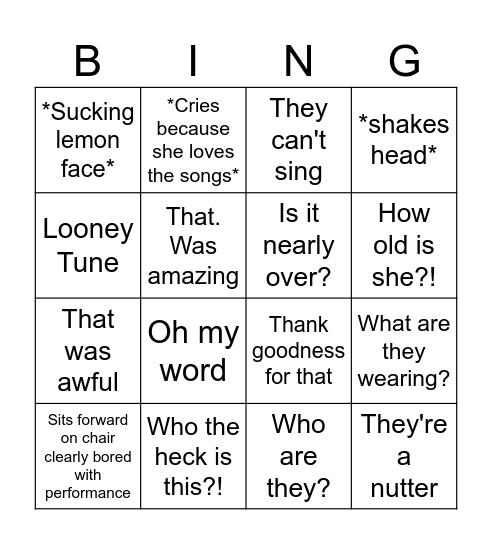 Grandma Glasto Bingo Card