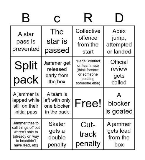 Bingo City Roller Derby Bingo Card