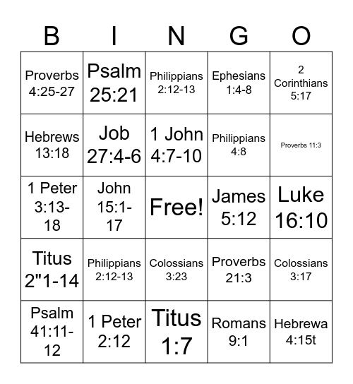 INTEGRITY BIBLE BINGO Card