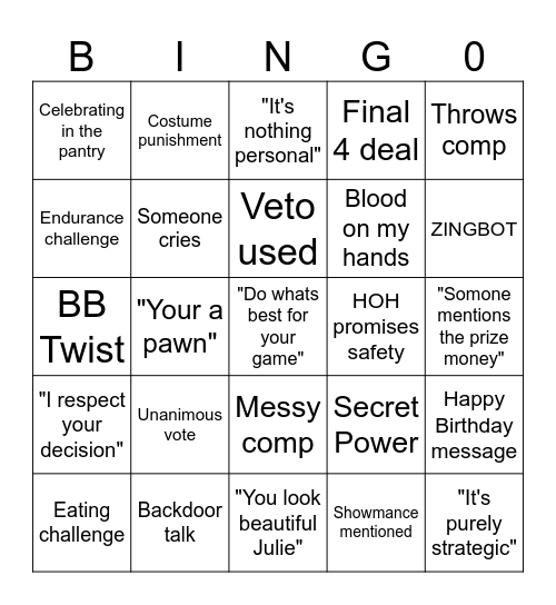 Big Brother Bingo Card