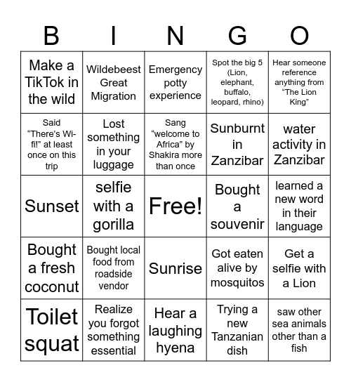 Tanzania Bingo Card