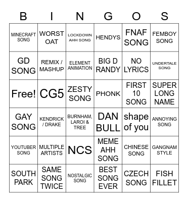 RANDOM SONGS BINGO Card